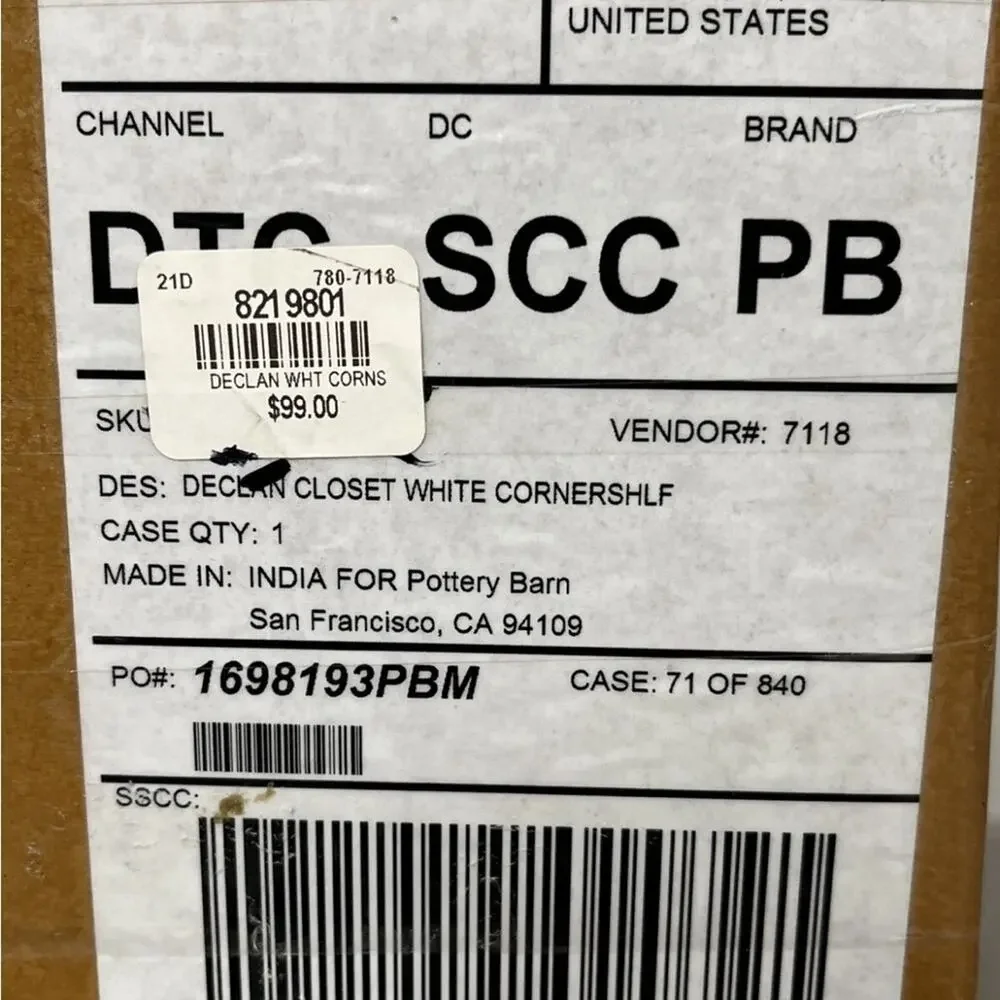 Pottery Barn DECLAN Corner Shelf Retired WHITE New in Box Sealed W/Hardware